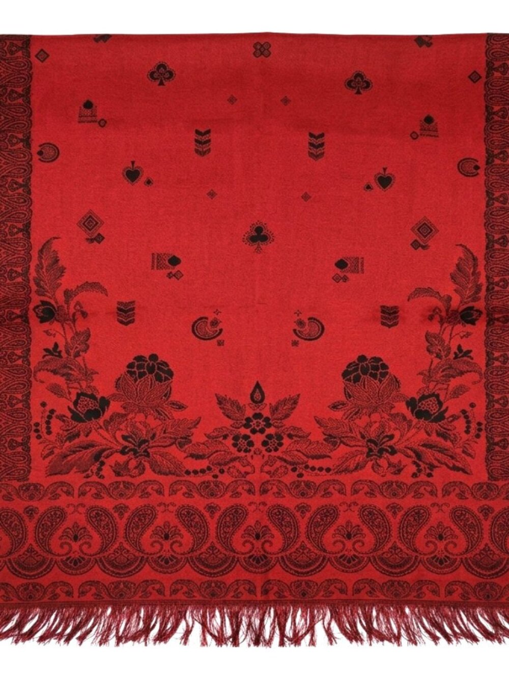 NWOT Silk Wool Blend Red Black Playing Card Paisley Jacquard Fringe Shawl 27.5x7